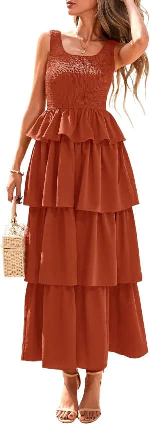 PRETTYGARDEN Womens 2025 Summer Sleeveless Midi Dress Scoop Neck A Line Smocked Ruffle Tiered Layered Beach Vacation Dresses