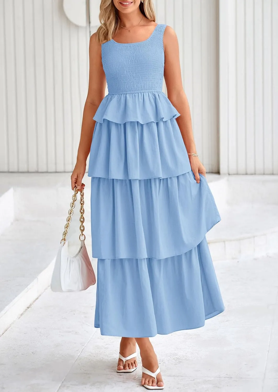 PRETTYGARDEN Womens 2025 Summer Sleeveless Midi Dress Scoop Neck A Line Smocked Ruffle Tiered Layered Beach Vacation Dresses