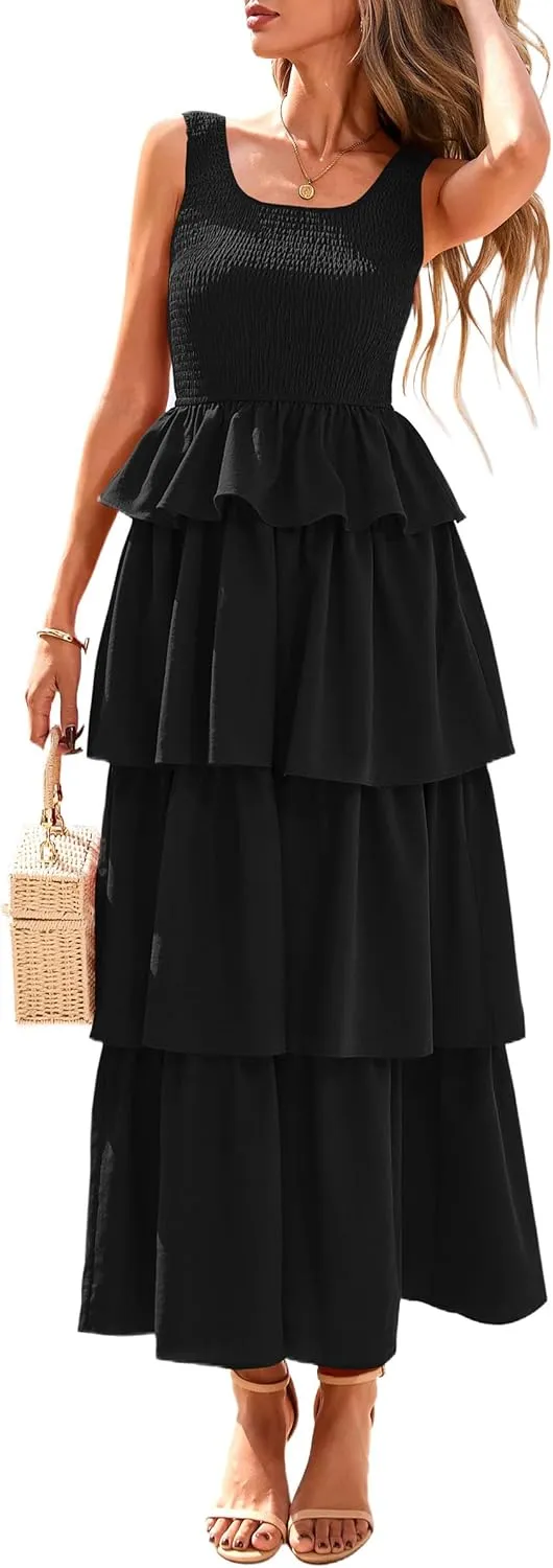 PRETTYGARDEN Womens 2025 Summer Sleeveless Midi Dress Scoop Neck A Line Smocked Ruffle Tiered Layered Beach Vacation Dresses