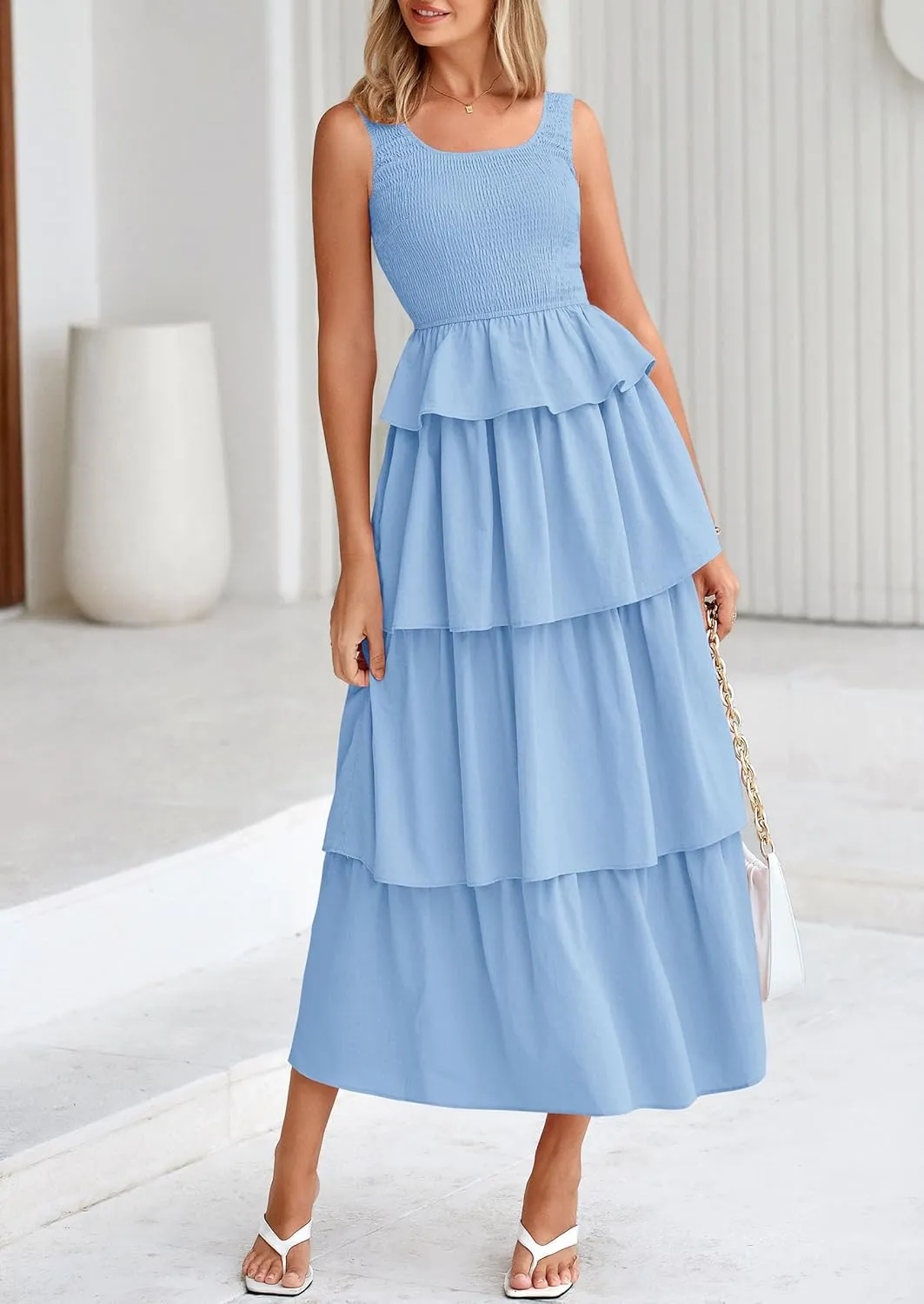 PRETTYGARDEN Womens 2025 Summer Sleeveless Midi Dress Scoop Neck A Line Smocked Ruffle Tiered Layered Beach Vacation Dresses
