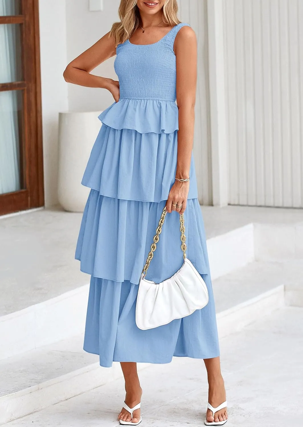 PRETTYGARDEN Womens 2025 Summer Sleeveless Midi Dress Scoop Neck A Line Smocked Ruffle Tiered Layered Beach Vacation Dresses