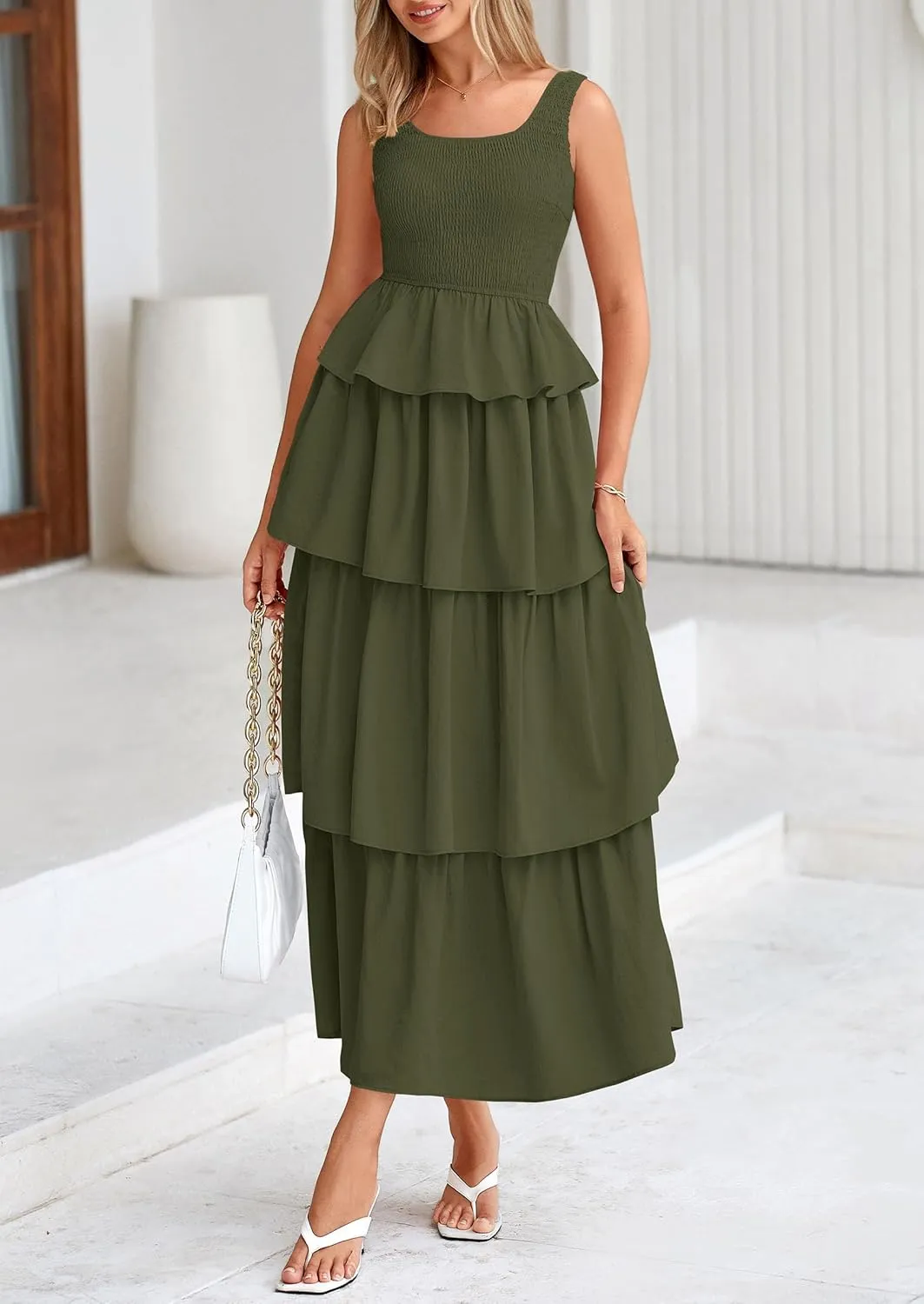 PRETTYGARDEN Womens 2025 Summer Sleeveless Midi Dress Scoop Neck A Line Smocked Ruffle Tiered Layered Beach Vacation Dresses