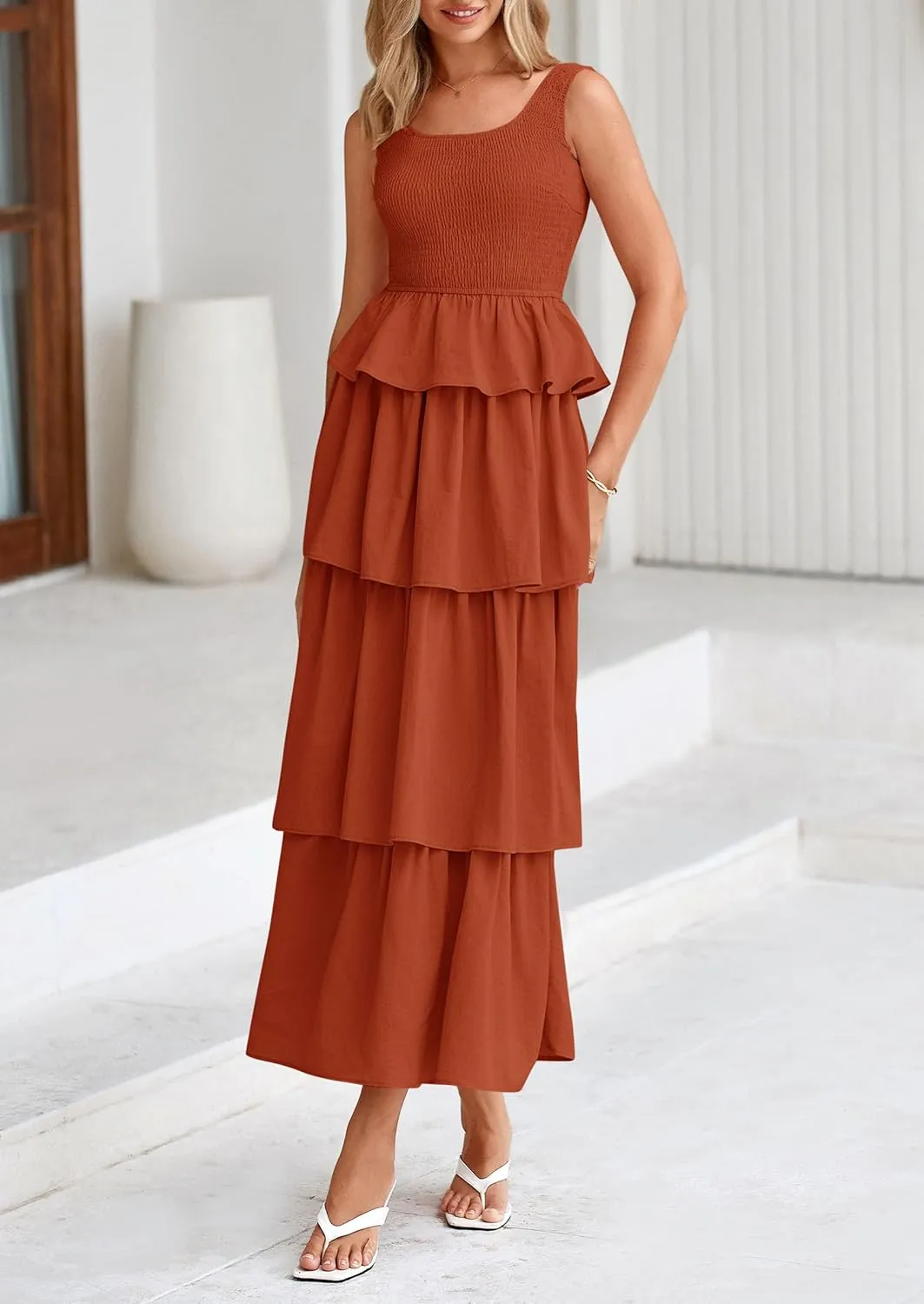 PRETTYGARDEN Womens 2025 Summer Sleeveless Midi Dress Scoop Neck A Line Smocked Ruffle Tiered Layered Beach Vacation Dresses