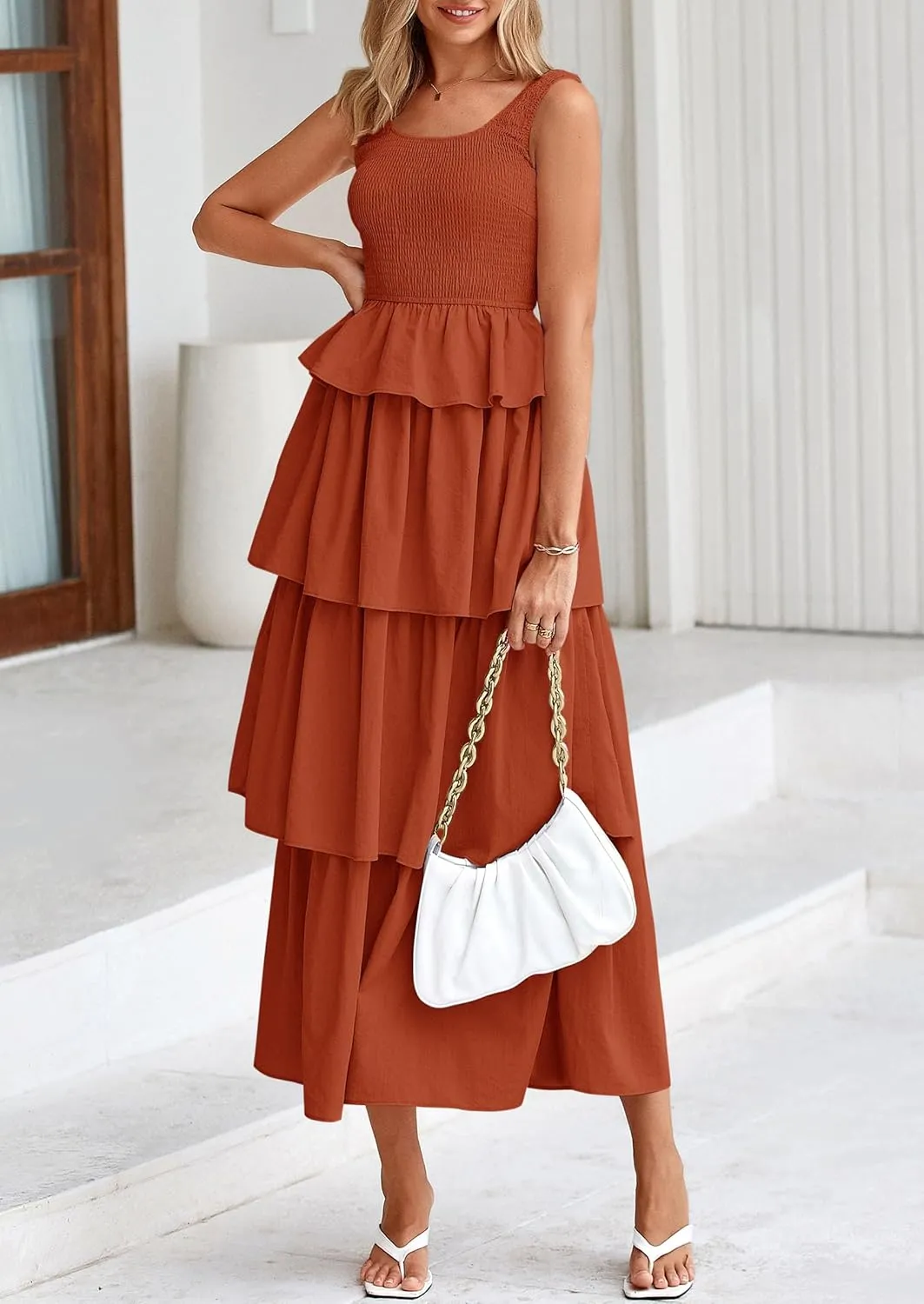 PRETTYGARDEN Womens 2025 Summer Sleeveless Midi Dress Scoop Neck A Line Smocked Ruffle Tiered Layered Beach Vacation Dresses