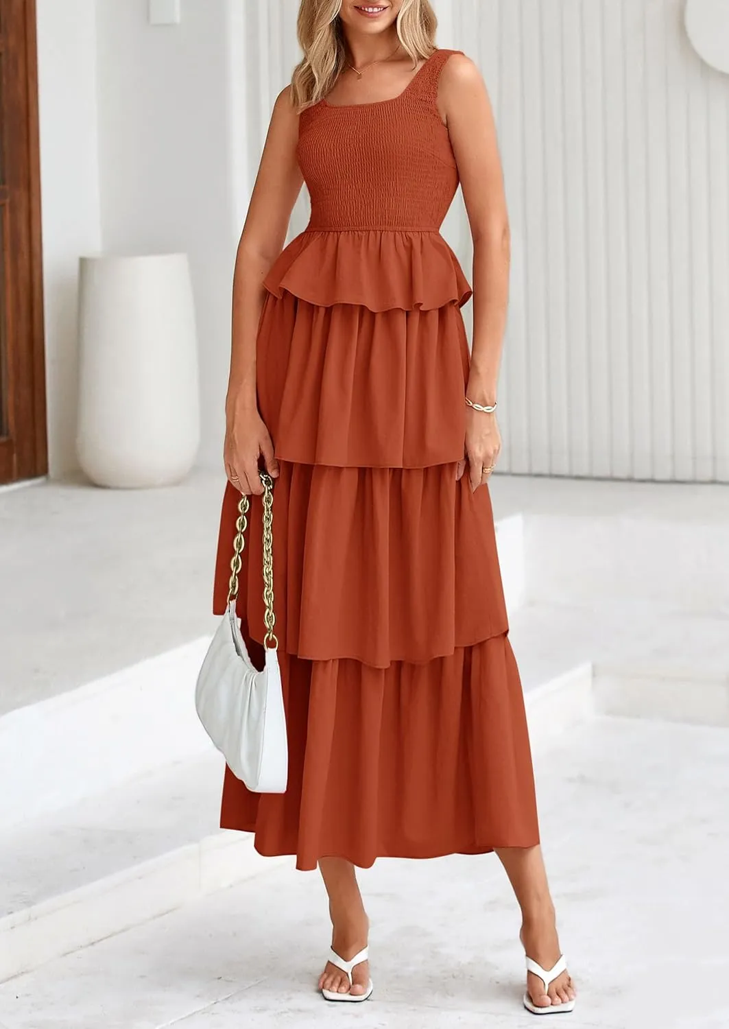 PRETTYGARDEN Womens 2025 Summer Sleeveless Midi Dress Scoop Neck A Line Smocked Ruffle Tiered Layered Beach Vacation Dresses