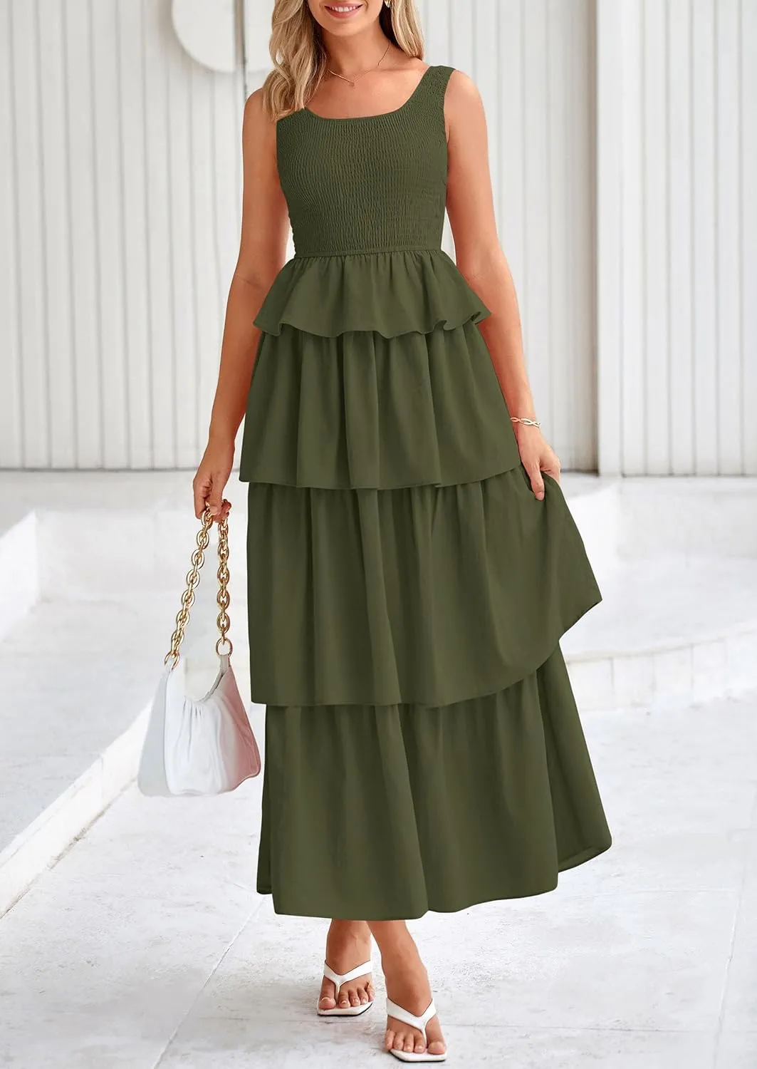 PRETTYGARDEN Womens 2025 Summer Sleeveless Midi Dress Scoop Neck A Line Smocked Ruffle Tiered Layered Beach Vacation Dresses