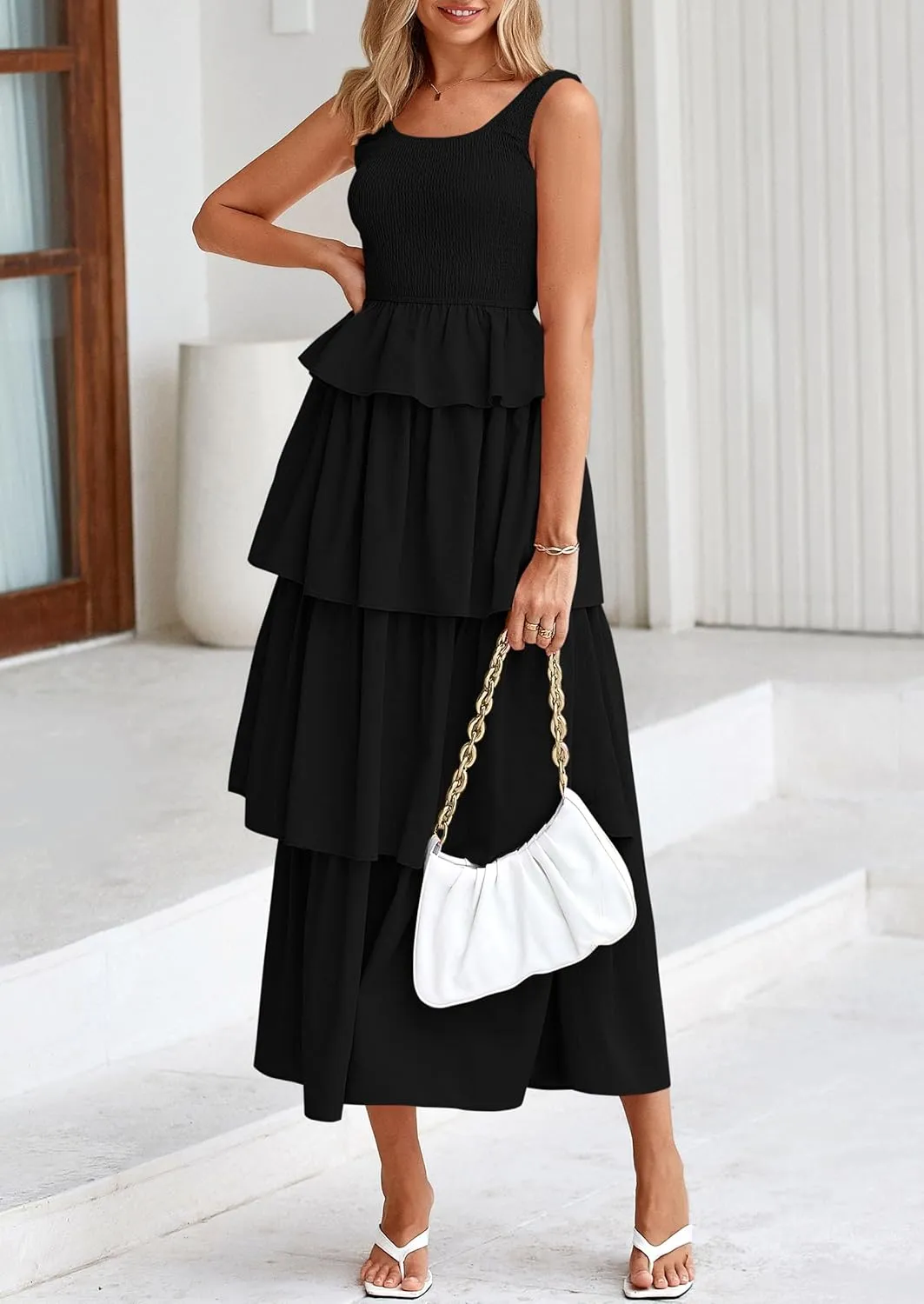 PRETTYGARDEN Womens 2025 Summer Sleeveless Midi Dress Scoop Neck A Line Smocked Ruffle Tiered Layered Beach Vacation Dresses