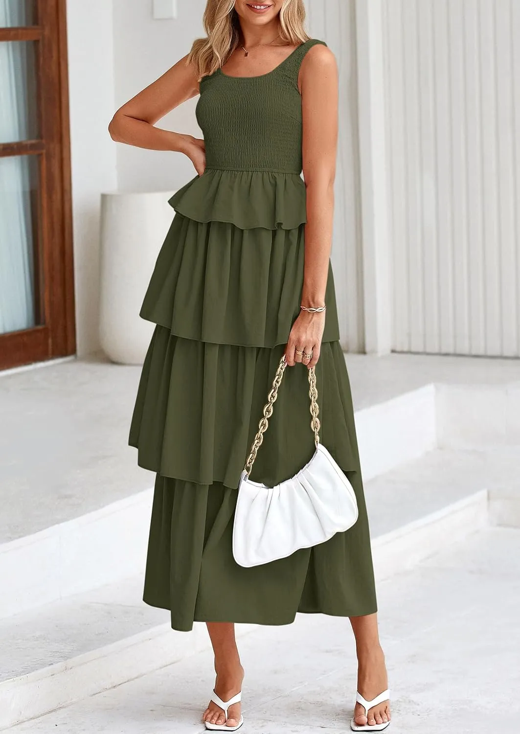 PRETTYGARDEN Womens 2025 Summer Sleeveless Midi Dress Scoop Neck A Line Smocked Ruffle Tiered Layered Beach Vacation Dresses