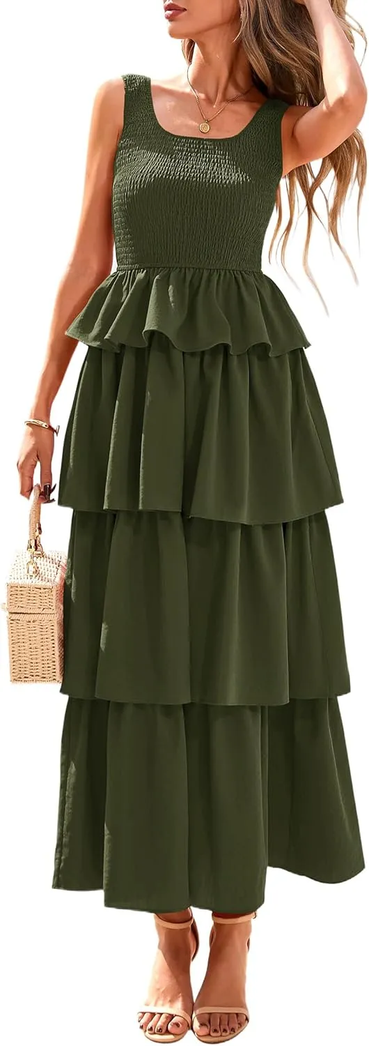 PRETTYGARDEN Womens 2025 Summer Sleeveless Midi Dress Scoop Neck A Line Smocked Ruffle Tiered Layered Beach Vacation Dresses