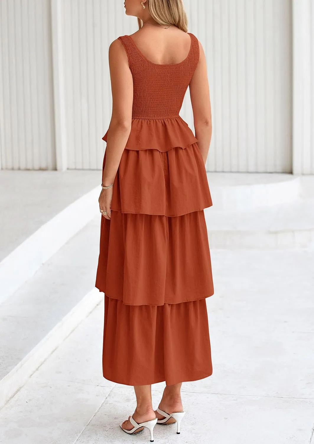 PRETTYGARDEN Womens 2025 Summer Sleeveless Midi Dress Scoop Neck A Line Smocked Ruffle Tiered Layered Beach Vacation Dresses
