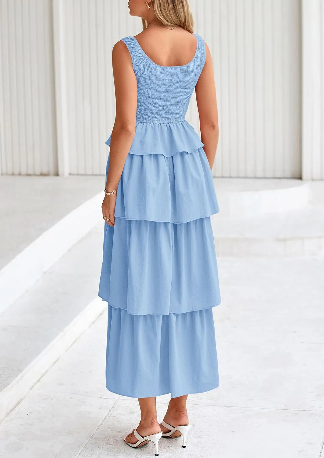 PRETTYGARDEN Womens 2025 Summer Sleeveless Midi Dress Scoop Neck A Line Smocked Ruffle Tiered Layered Beach Vacation Dresses