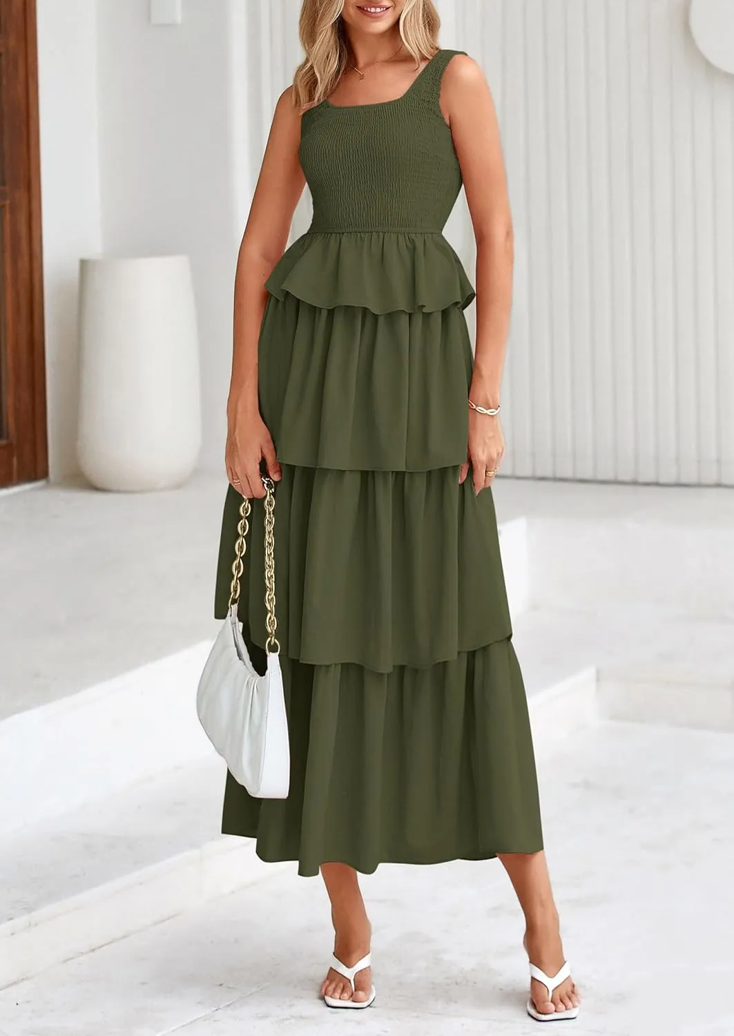 PRETTYGARDEN Womens 2025 Summer Sleeveless Midi Dress Scoop Neck A Line Smocked Ruffle Tiered Layered Beach Vacation Dresses