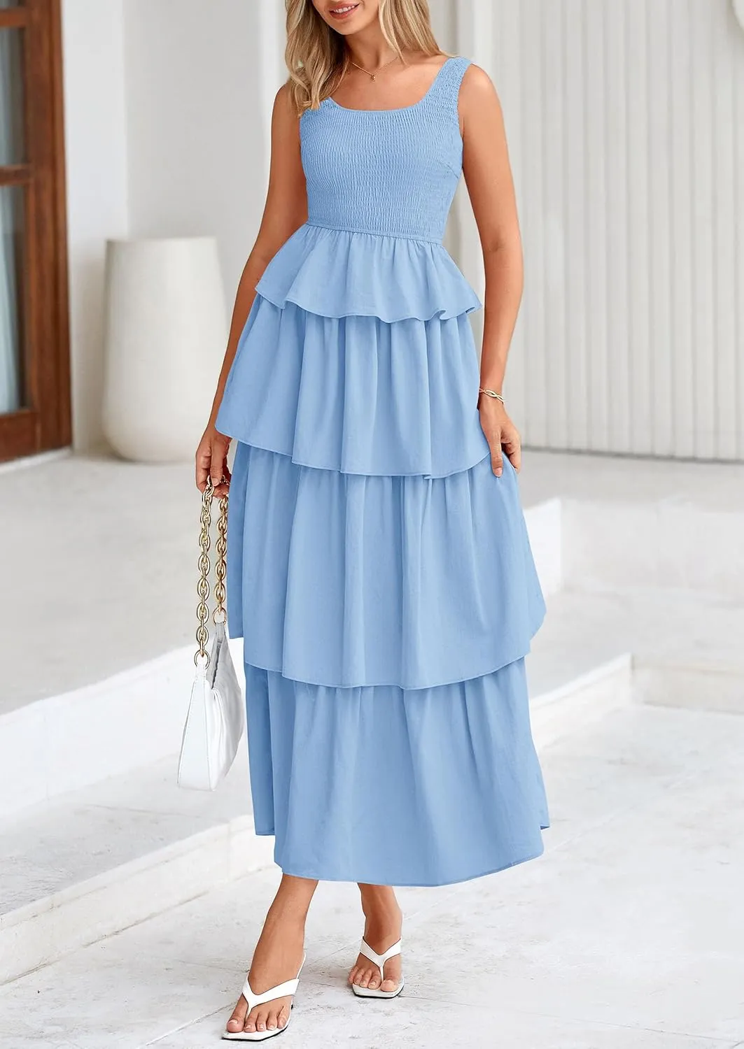 PRETTYGARDEN Womens 2025 Summer Sleeveless Midi Dress Scoop Neck A Line Smocked Ruffle Tiered Layered Beach Vacation Dresses