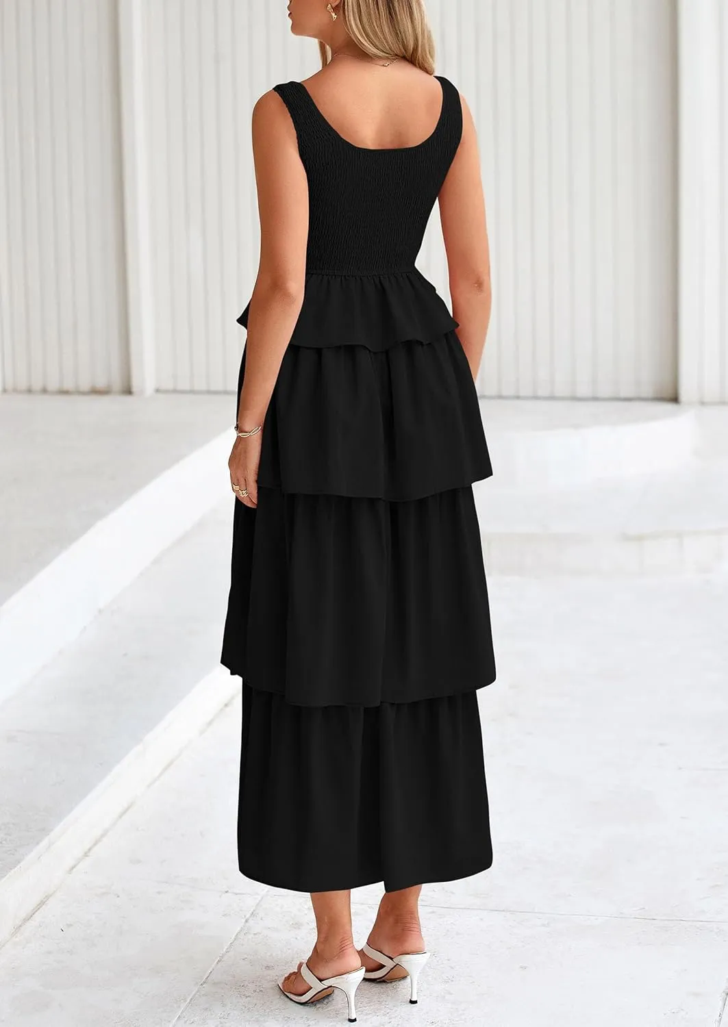 PRETTYGARDEN Womens 2025 Summer Sleeveless Midi Dress Scoop Neck A Line Smocked Ruffle Tiered Layered Beach Vacation Dresses