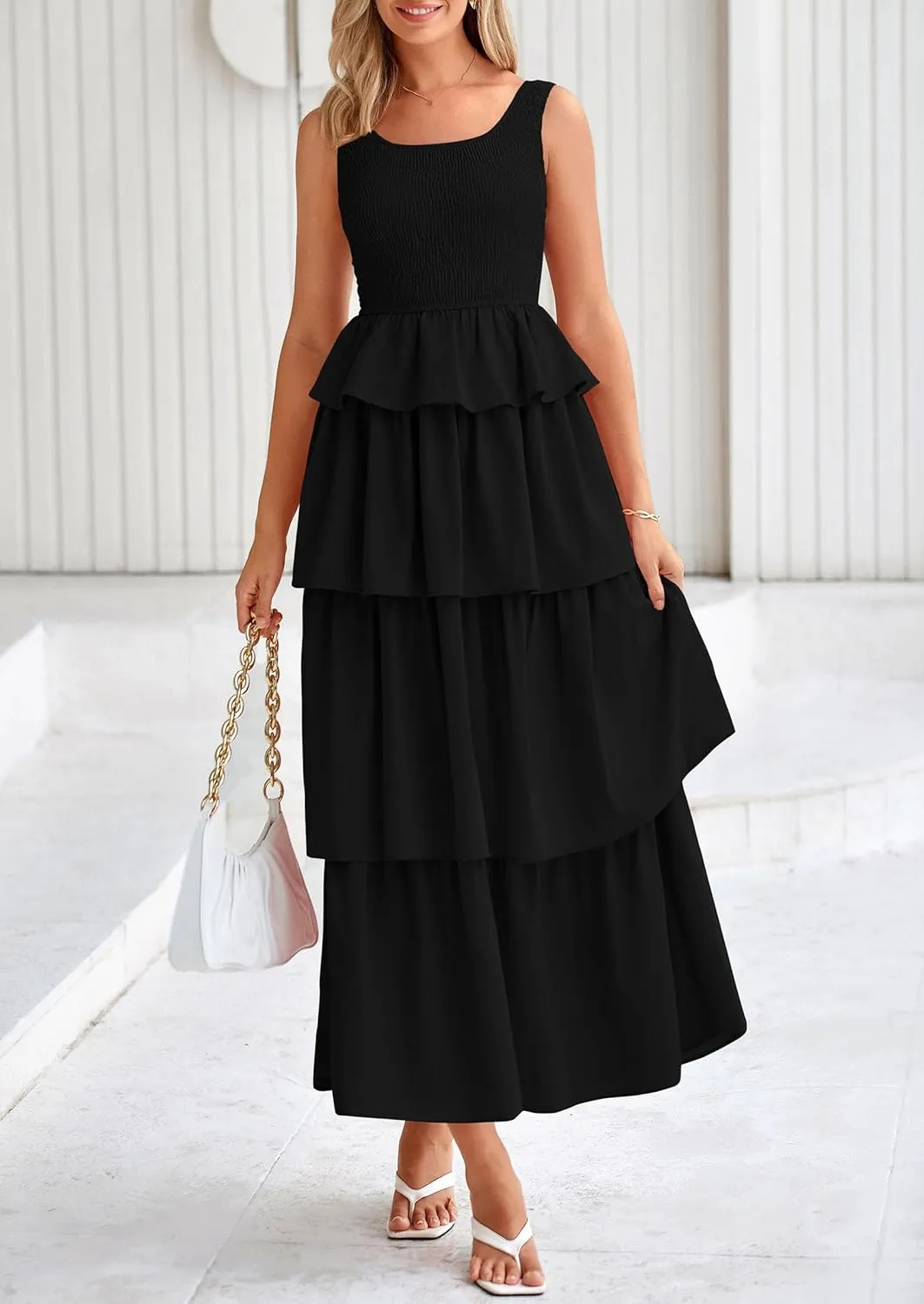 PRETTYGARDEN Womens 2025 Summer Sleeveless Midi Dress Scoop Neck A Line Smocked Ruffle Tiered Layered Beach Vacation Dresses