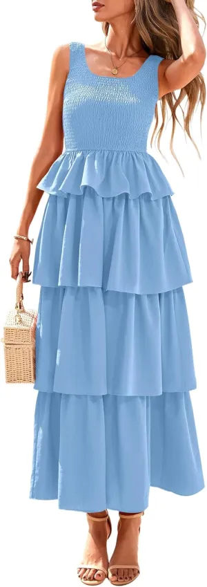 PRETTYGARDEN Womens 2025 Summer Sleeveless Midi Dress Scoop Neck A Line Smocked Ruffle Tiered Layered Beach Vacation Dresses