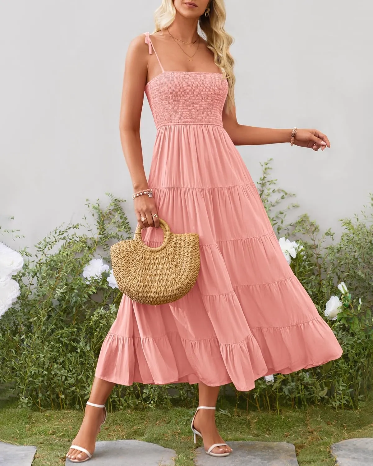 PRETTYGARDEN Women's Summer Dresses 2025 Spaghetti Strap Sleeveless Backless Smocked A-Line Boho Flowy Midi Beach Dress