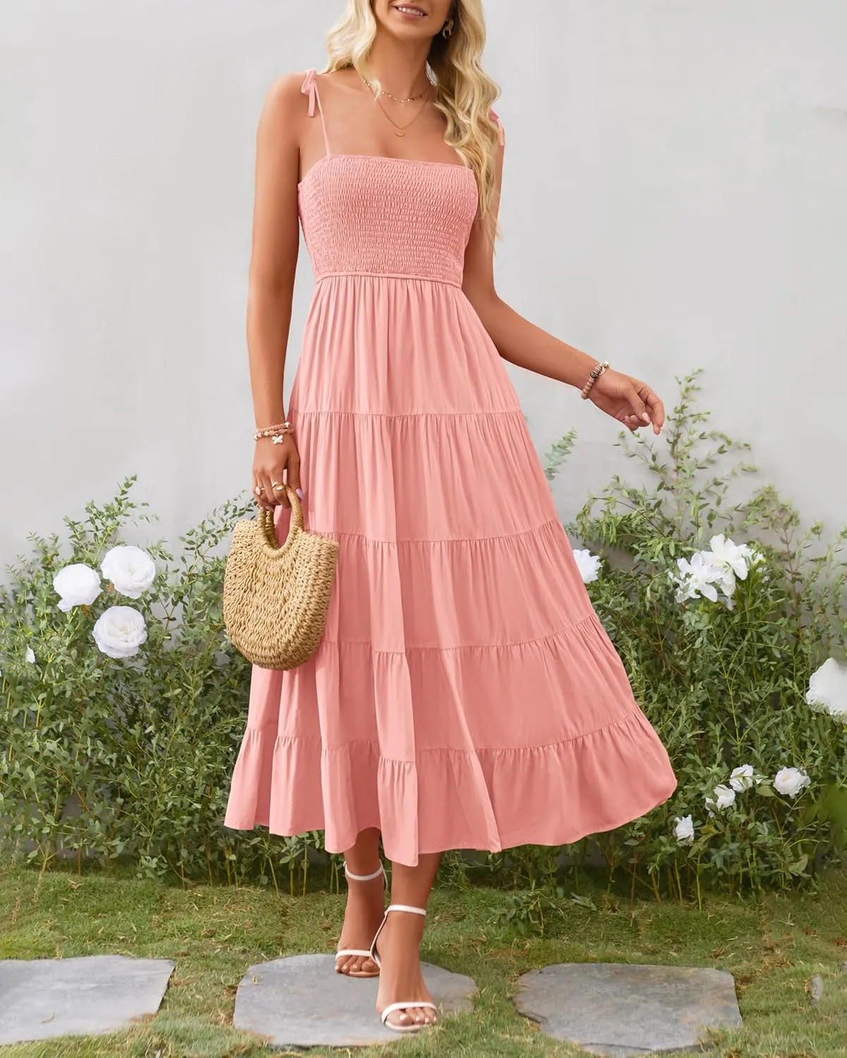 PRETTYGARDEN Women's Summer Dresses 2025 Spaghetti Strap Sleeveless Backless Smocked A-Line Boho Flowy Midi Beach Dress