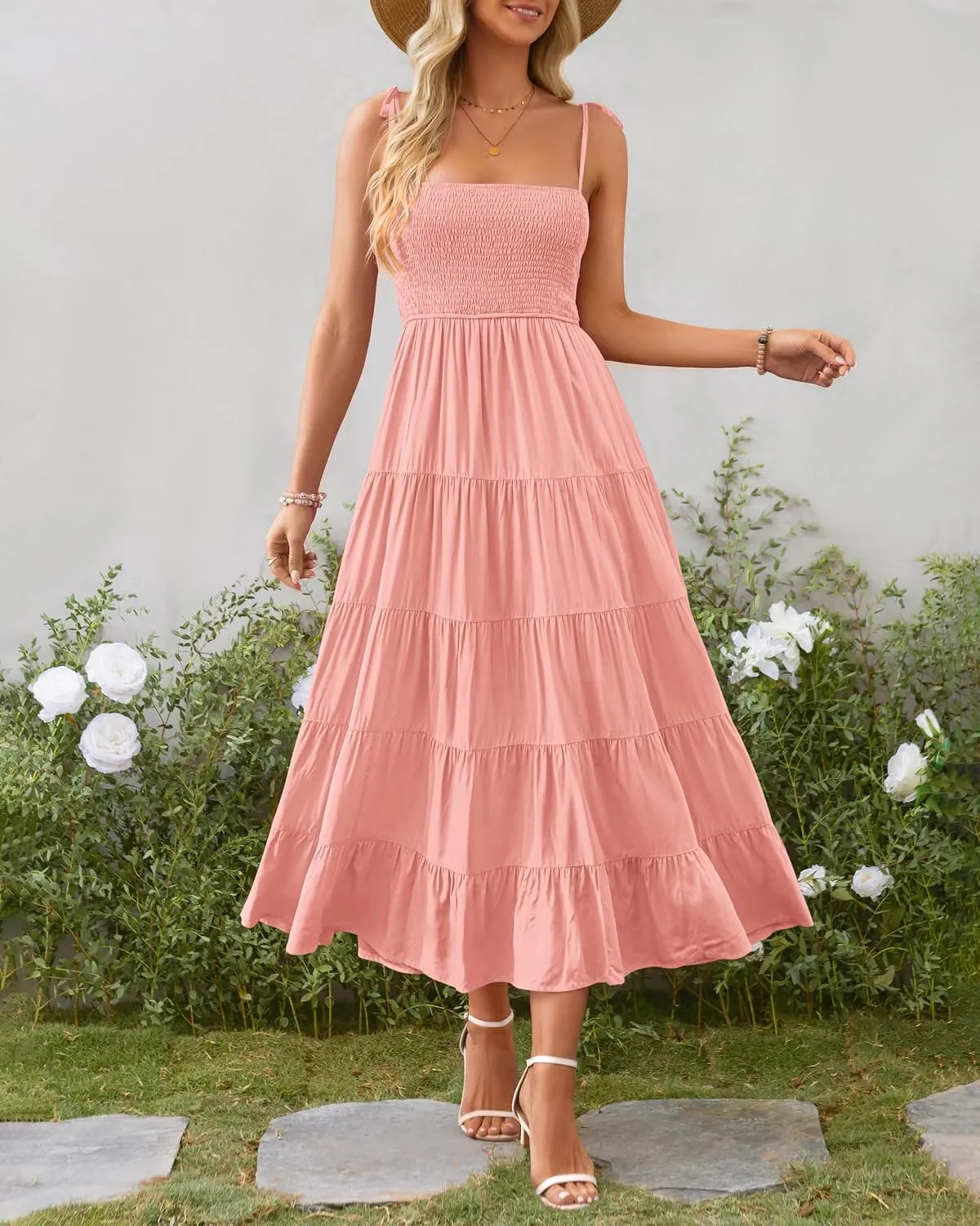 PRETTYGARDEN Women's Summer Dresses 2025 Spaghetti Strap Sleeveless Backless Smocked A-Line Boho Flowy Midi Beach Dress