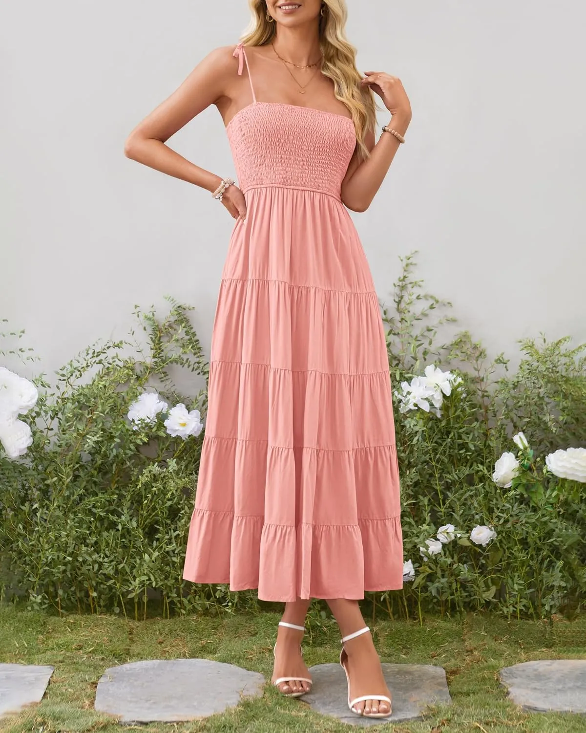 PRETTYGARDEN Women's Summer Dresses 2025 Spaghetti Strap Sleeveless Backless Smocked A-Line Boho Flowy Midi Beach Dress
