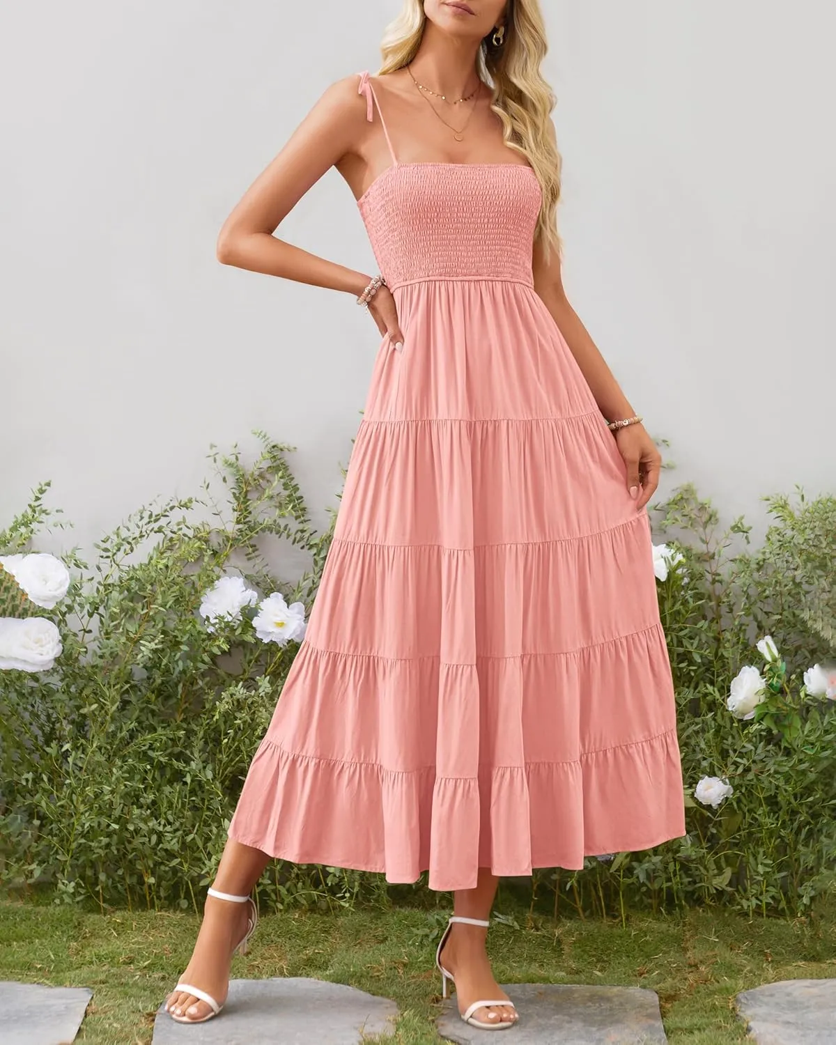PRETTYGARDEN Women's Summer Dresses 2025 Spaghetti Strap Sleeveless Backless Smocked A-Line Boho Flowy Midi Beach Dress