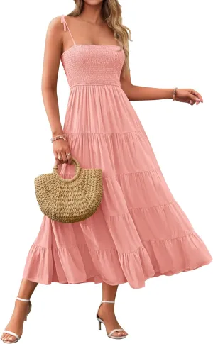 PRETTYGARDEN Women's Summer Dresses 2025 Spaghetti Strap Sleeveless Backless Smocked A-Line Boho Flowy Midi Beach Dress