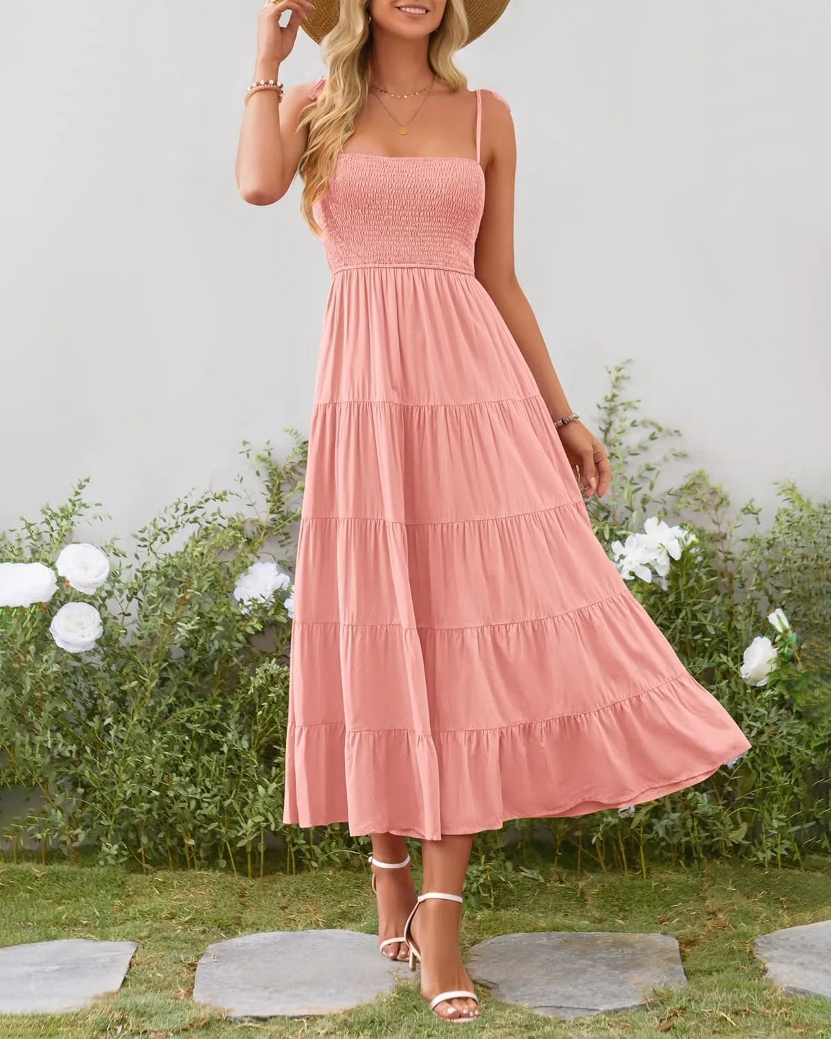 PRETTYGARDEN Women's Summer Dresses 2025 Spaghetti Strap Sleeveless Backless Smocked A-Line Boho Flowy Midi Beach Dress