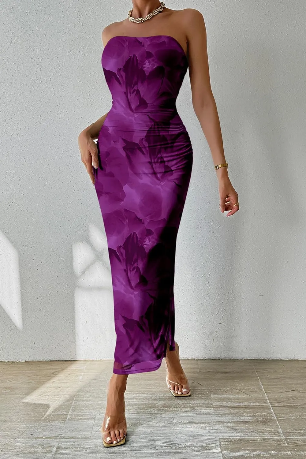 PRETTYGARDEN Women's Summer Maxi Bodycon Dresses Strapless Tube Top Slit Floral Printed Party Club Long Dress
