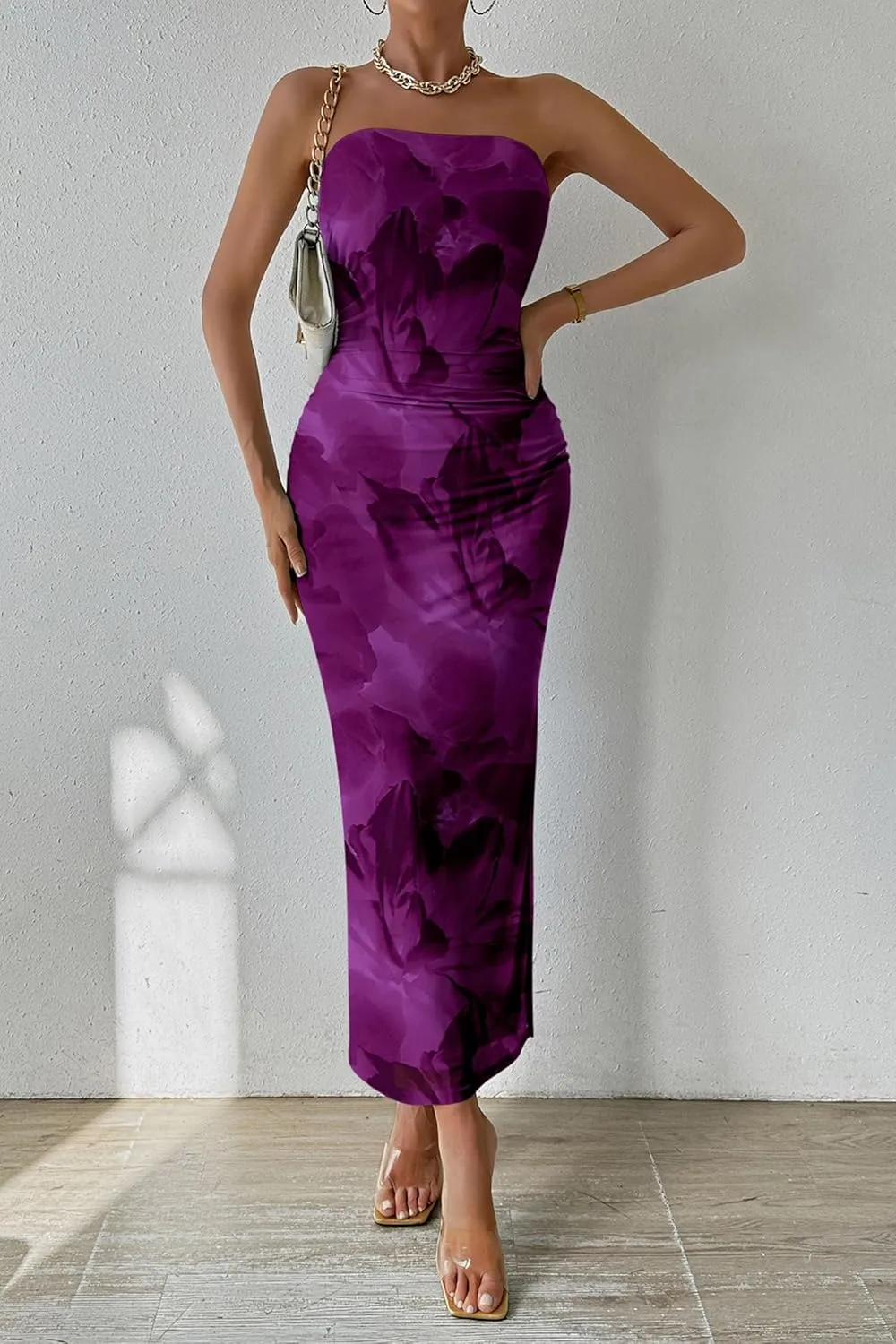 PRETTYGARDEN Women's Summer Maxi Bodycon Dresses Strapless Tube Top Slit Floral Printed Party Club Long Dress
