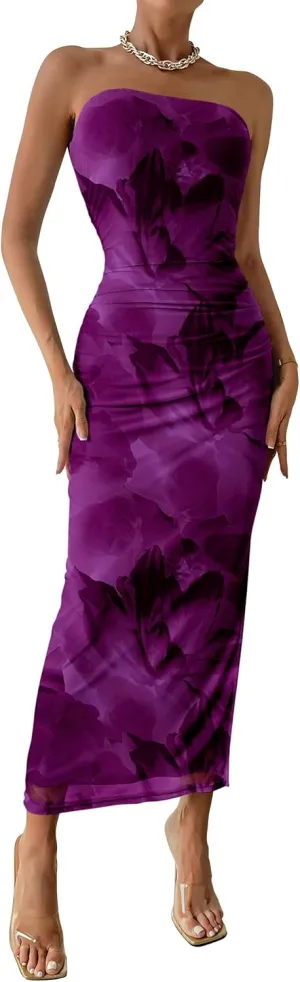 PRETTYGARDEN Women's Summer Maxi Bodycon Dresses Strapless Tube Top Slit Floral Printed Party Club Long Dress
