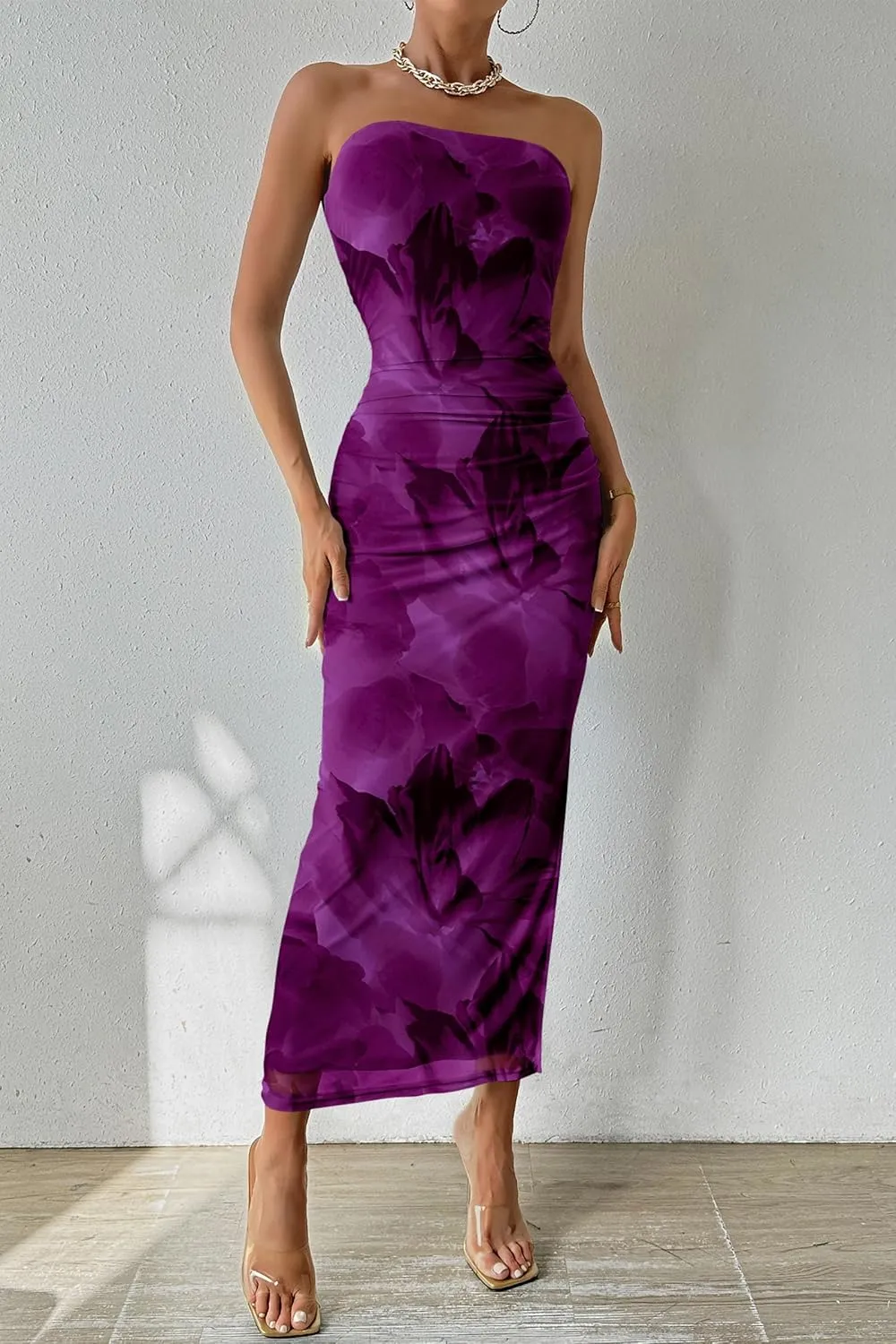 PRETTYGARDEN Women's Summer Maxi Bodycon Dresses Strapless Tube Top Slit Floral Printed Party Club Long Dress