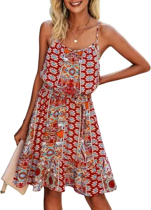 PRETTYGARDEN Women's Summer Mini Sundress Casual Spaghetti Strap Dresses Floral Sleeveless Ruffle Short Dress with Belt