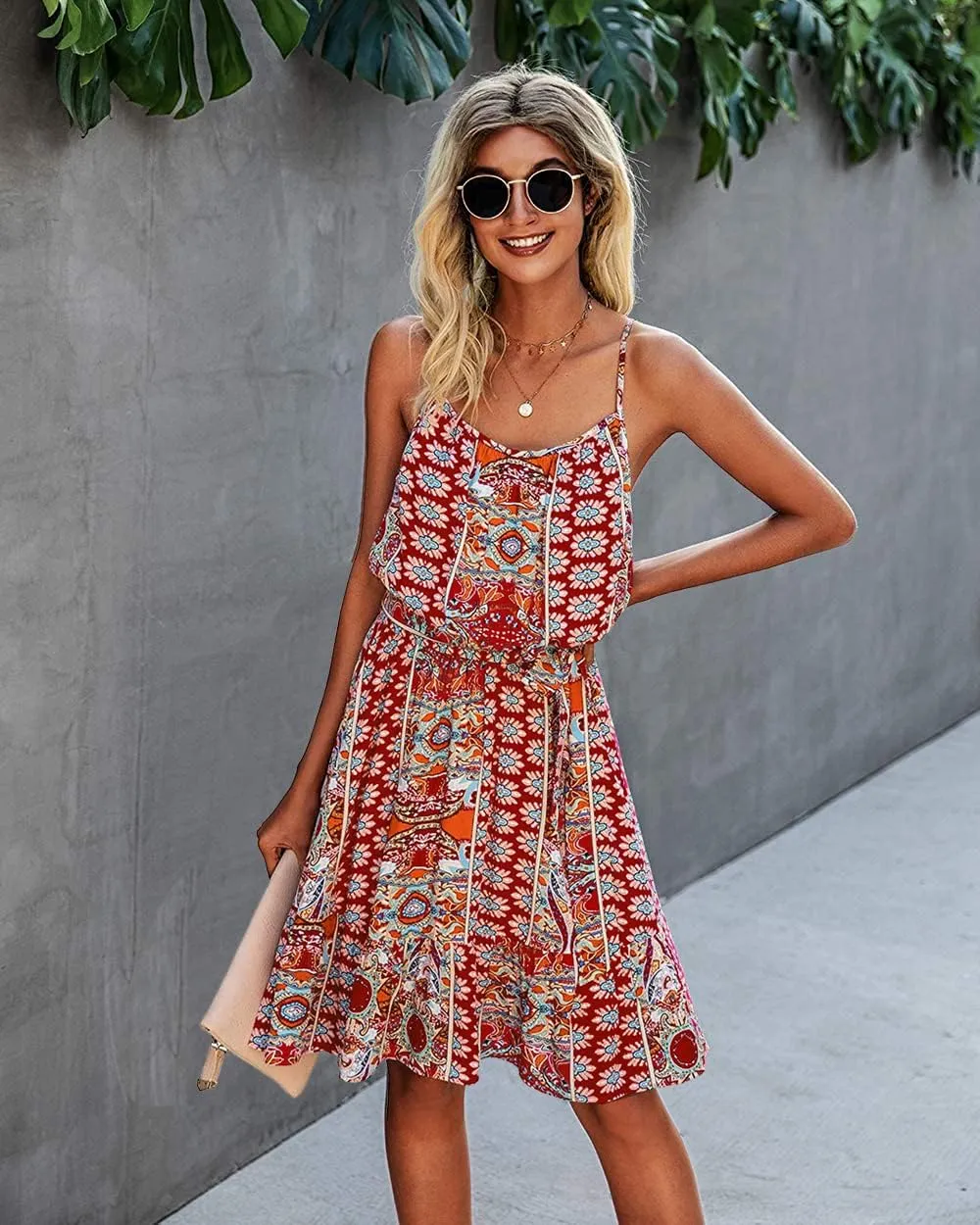 PRETTYGARDEN Women's Summer Mini Sundress Casual Spaghetti Strap Dresses Floral Sleeveless Ruffle Short Dress with Belt