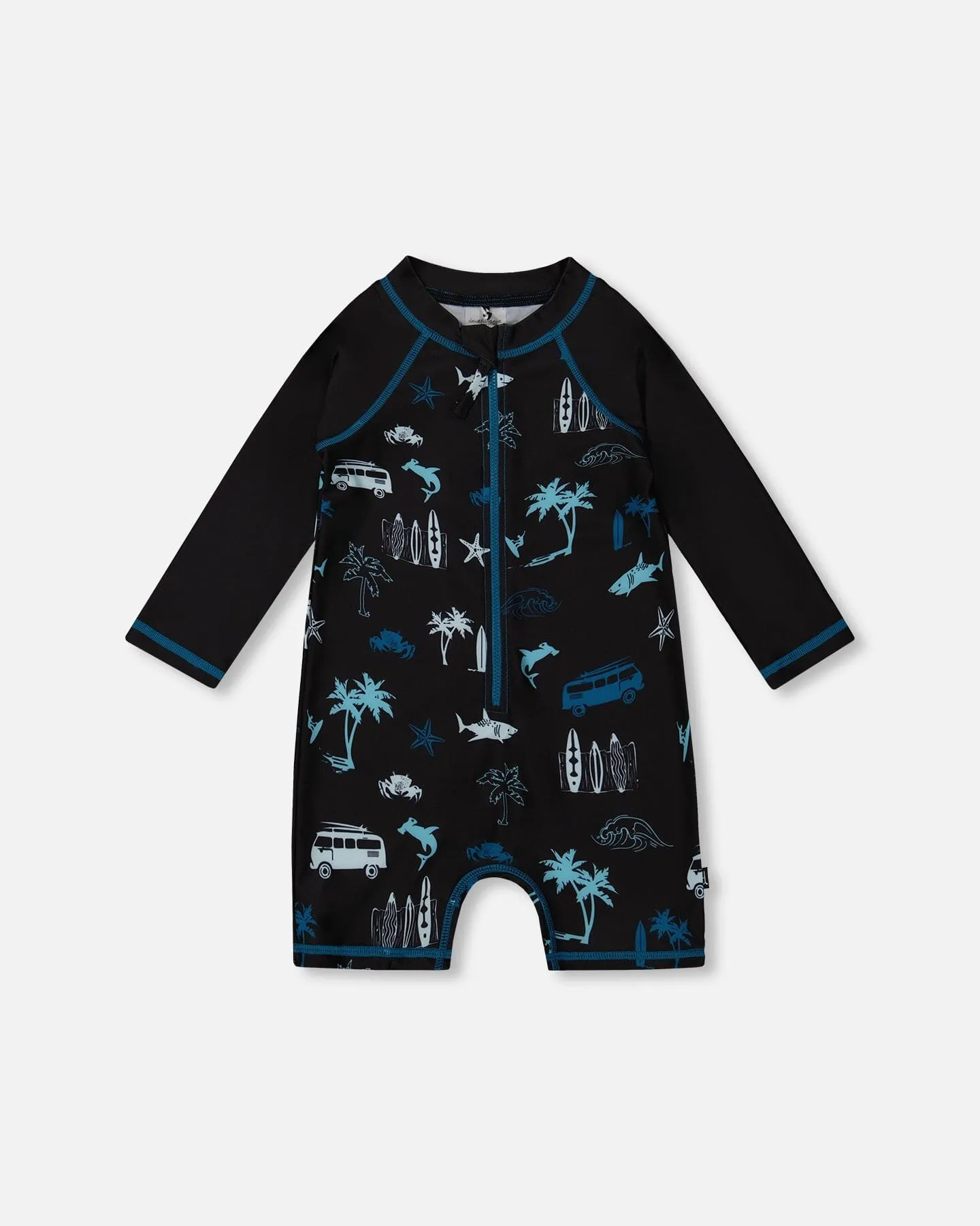 Printed Long Sleeve Rashguard Light Blue Beach On Black