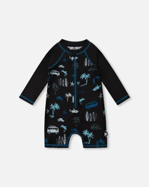 Printed Long Sleeve Rashguard Light Blue Beach On Black