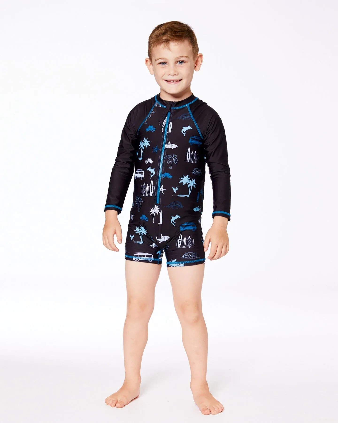 Printed Long Sleeve Rashguard Light Blue Beach On Black