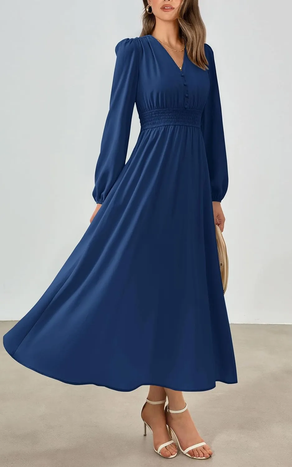 PRTTYGARDEN Womens Long Sleeve Maxi Dress 2025 Spring Trendy Elegant V Neck Flowy Wedding Guest Holiday Formal Long Dresses
