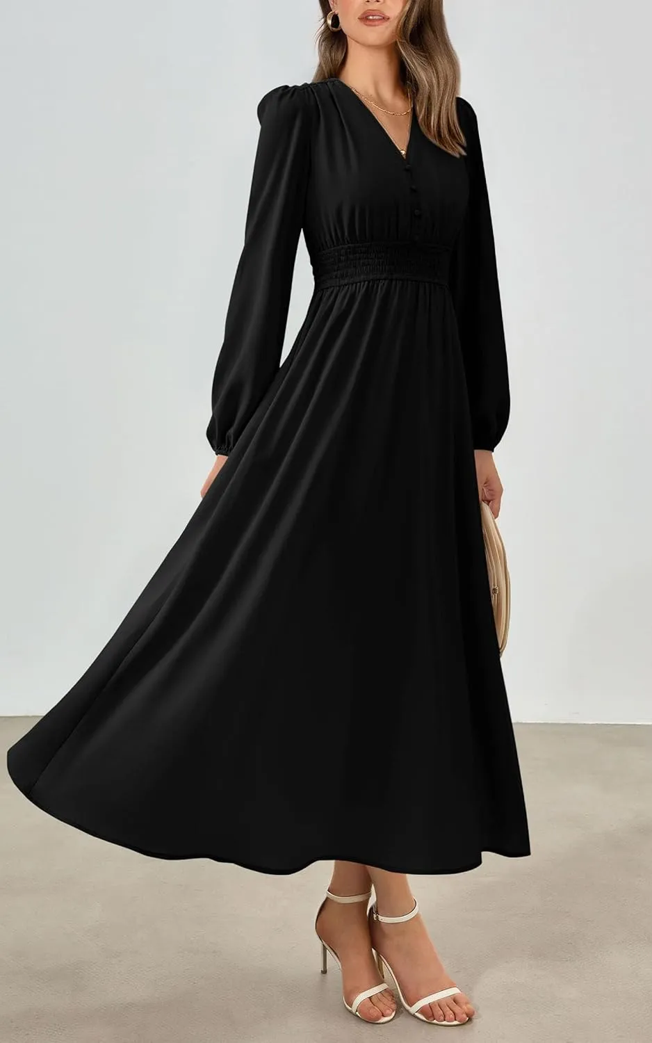 PRTTYGARDEN Womens Long Sleeve Maxi Dress 2025 Spring Trendy Elegant V Neck Flowy Wedding Guest Holiday Formal Long Dresses