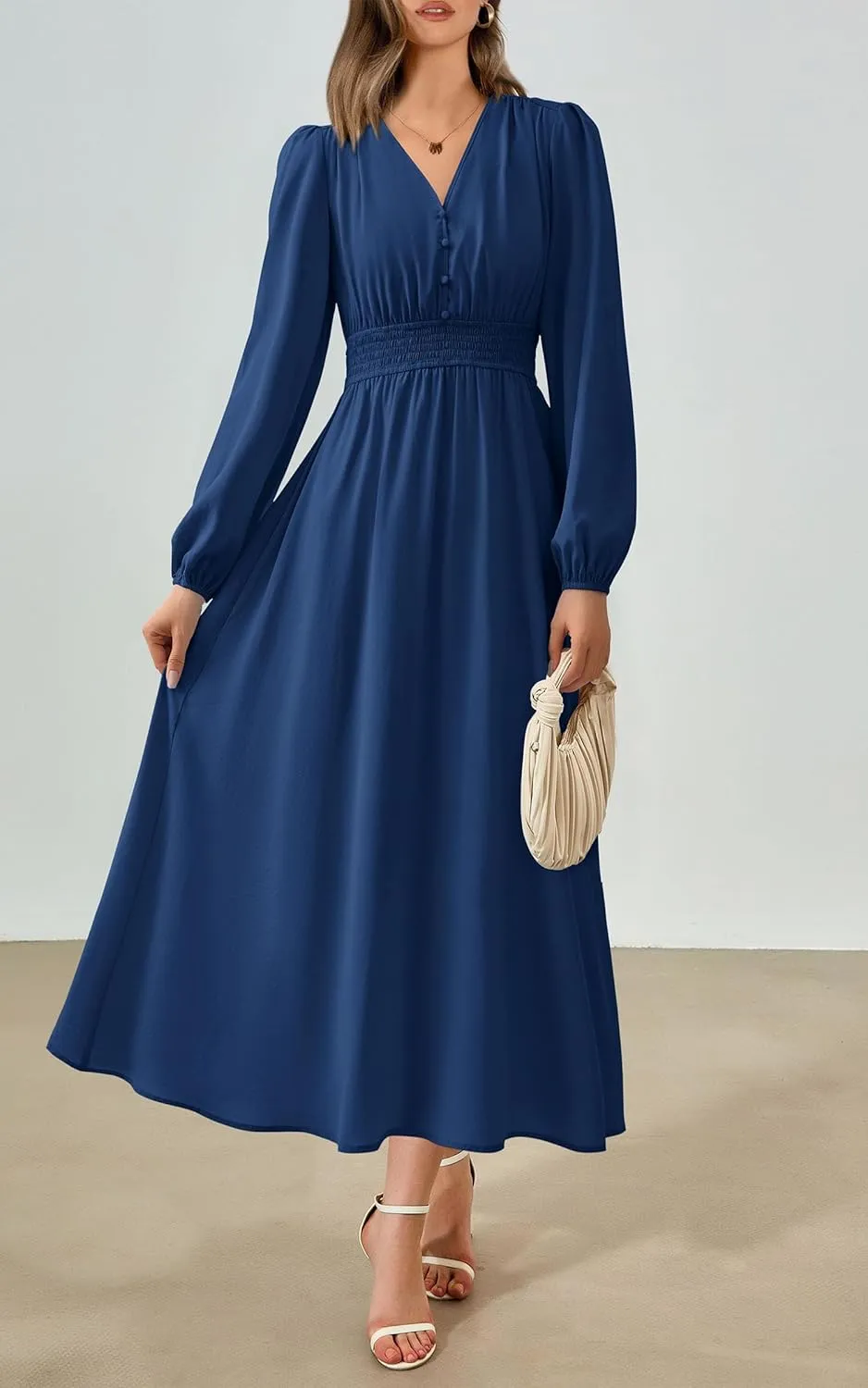 PRTTYGARDEN Womens Long Sleeve Maxi Dress 2025 Spring Trendy Elegant V Neck Flowy Wedding Guest Holiday Formal Long Dresses