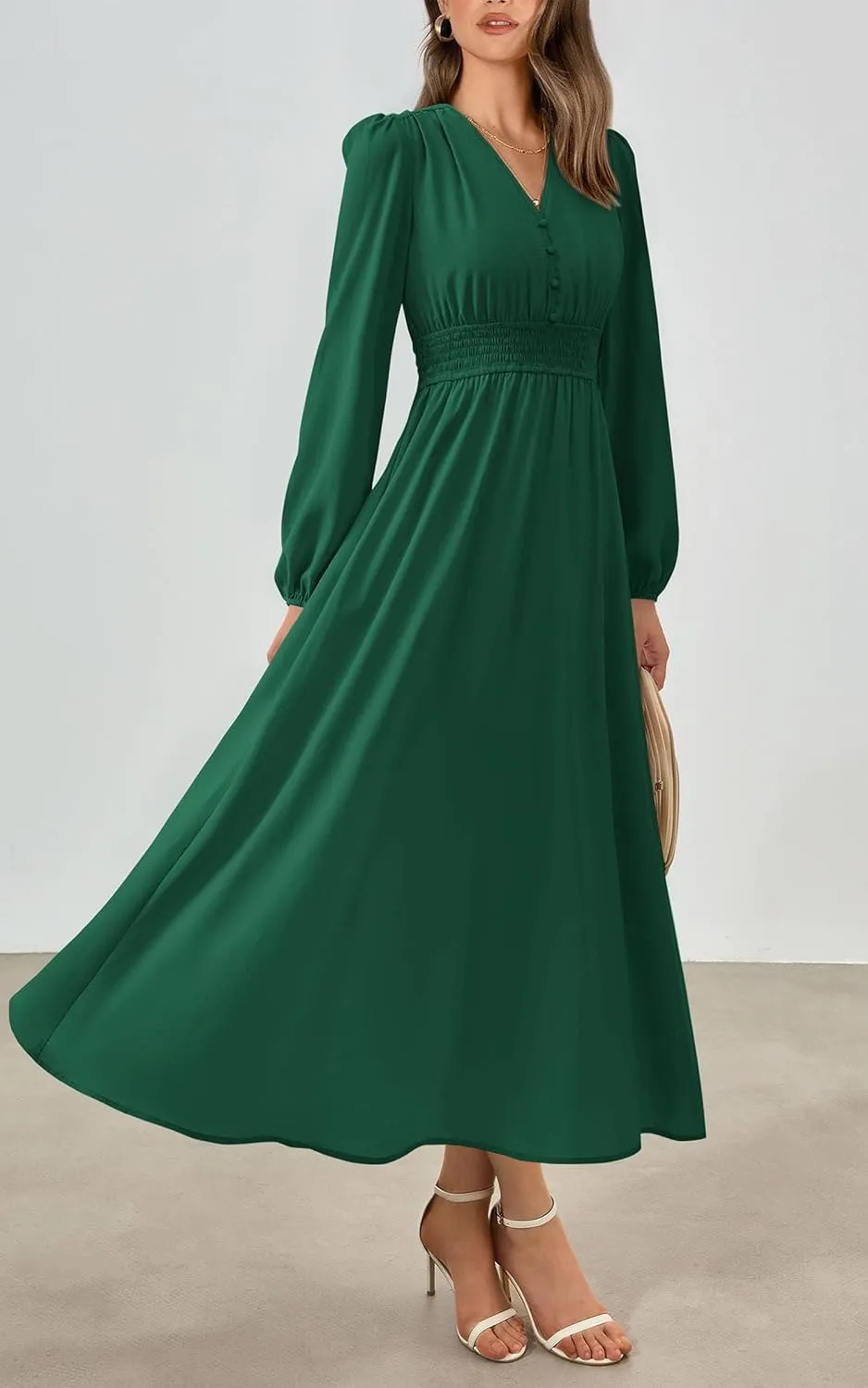 PRTTYGARDEN Womens Long Sleeve Maxi Dress 2025 Spring Trendy Elegant V Neck Flowy Wedding Guest Holiday Formal Long Dresses