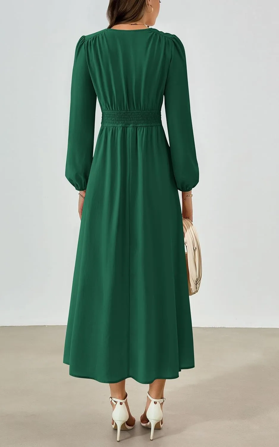 PRTTYGARDEN Womens Long Sleeve Maxi Dress 2025 Spring Trendy Elegant V Neck Flowy Wedding Guest Holiday Formal Long Dresses