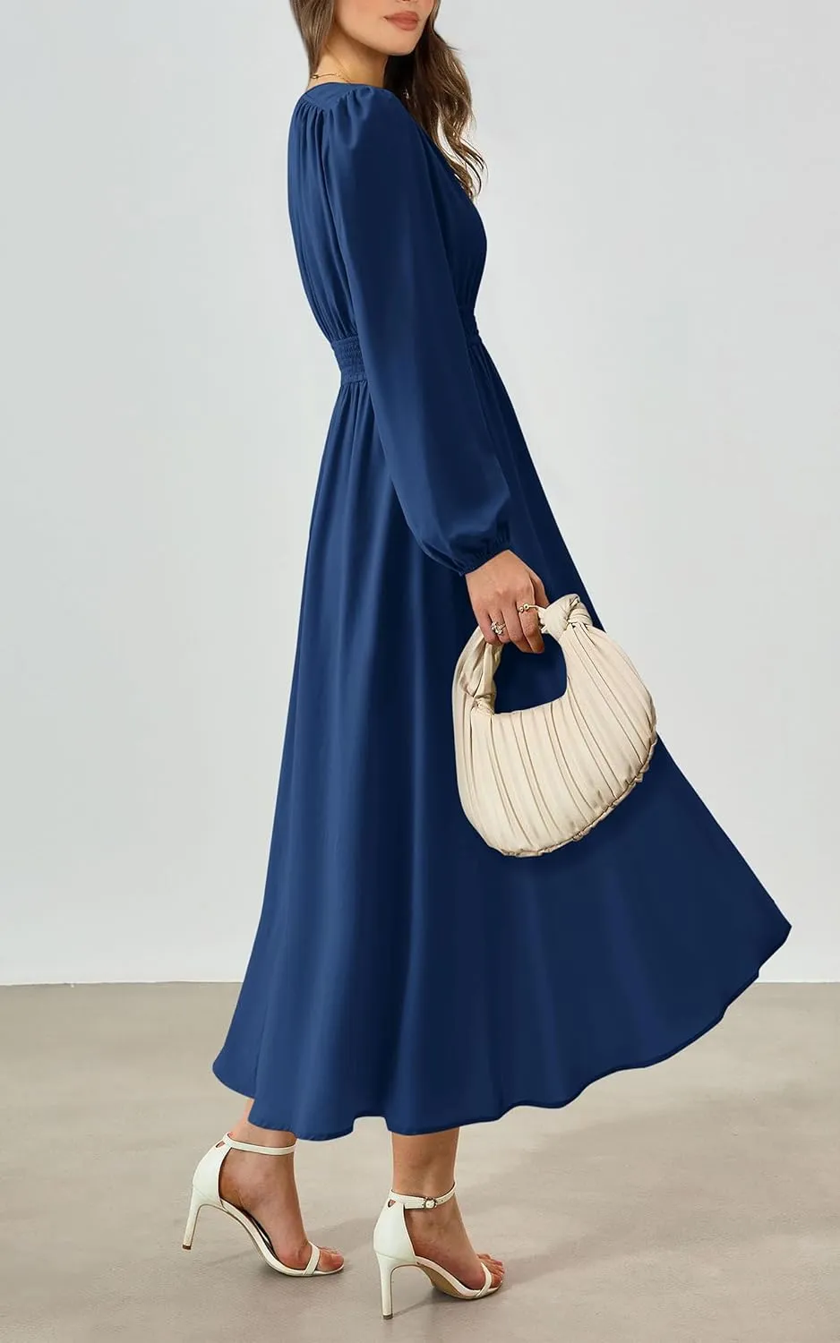 PRTTYGARDEN Womens Long Sleeve Maxi Dress 2025 Spring Trendy Elegant V Neck Flowy Wedding Guest Holiday Formal Long Dresses