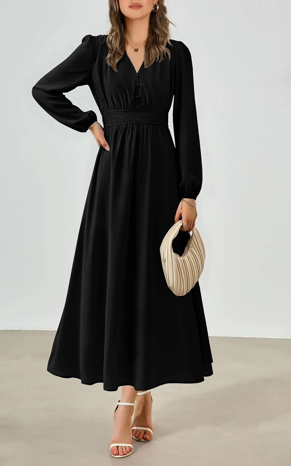 PRTTYGARDEN Womens Long Sleeve Maxi Dress 2025 Spring Trendy Elegant V Neck Flowy Wedding Guest Holiday Formal Long Dresses