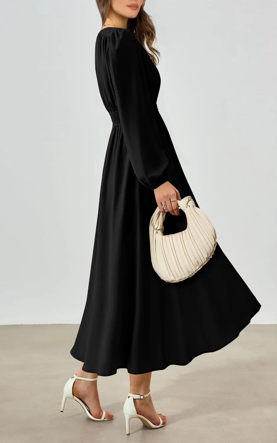 PRTTYGARDEN Womens Long Sleeve Maxi Dress 2025 Spring Trendy Elegant V Neck Flowy Wedding Guest Holiday Formal Long Dresses