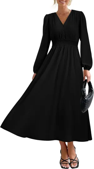 PRTTYGARDEN Womens Long Sleeve Maxi Dress 2025 Spring Trendy Elegant V Neck Flowy Wedding Guest Holiday Formal Long Dresses