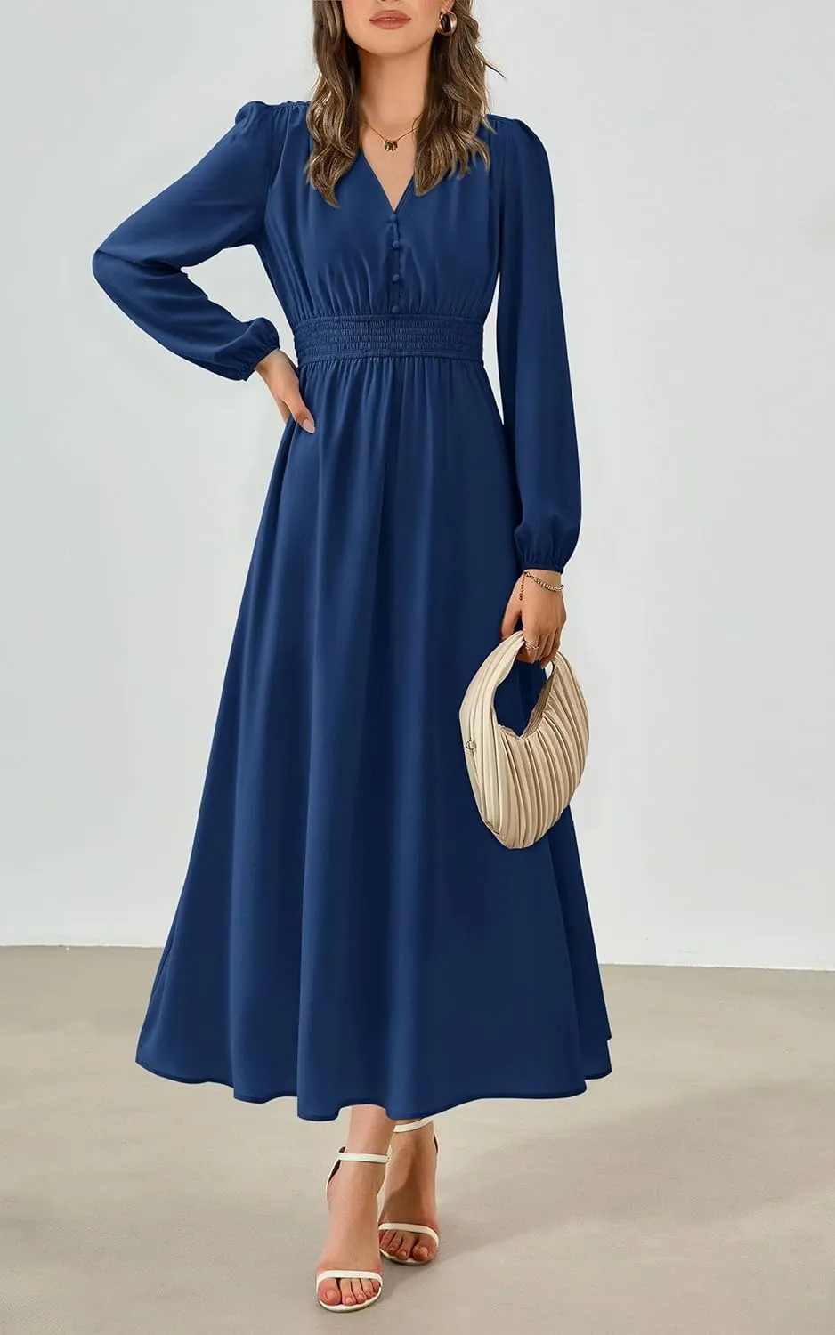 PRTTYGARDEN Womens Long Sleeve Maxi Dress 2025 Spring Trendy Elegant V Neck Flowy Wedding Guest Holiday Formal Long Dresses