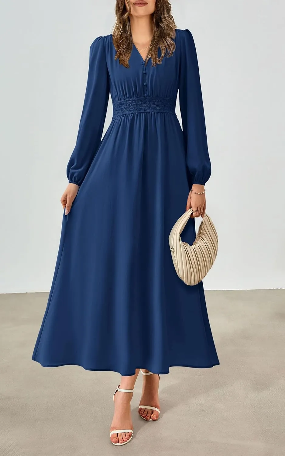PRTTYGARDEN Womens Long Sleeve Maxi Dress 2025 Spring Trendy Elegant V Neck Flowy Wedding Guest Holiday Formal Long Dresses