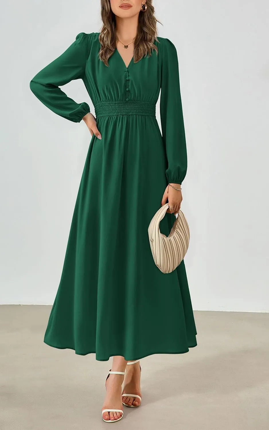 PRTTYGARDEN Womens Long Sleeve Maxi Dress 2025 Spring Trendy Elegant V Neck Flowy Wedding Guest Holiday Formal Long Dresses