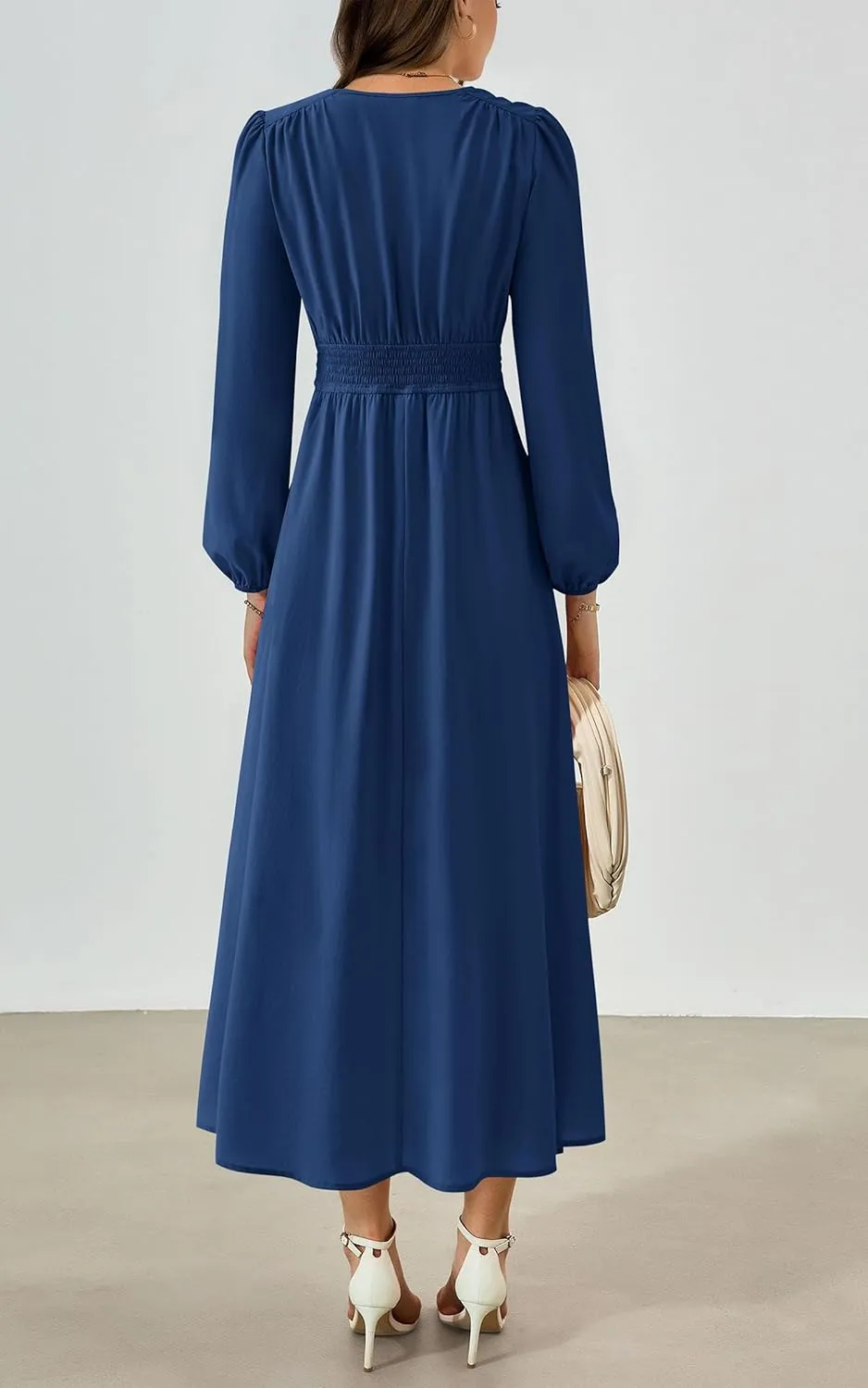 PRTTYGARDEN Womens Long Sleeve Maxi Dress 2025 Spring Trendy Elegant V Neck Flowy Wedding Guest Holiday Formal Long Dresses
