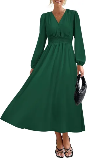PRTTYGARDEN Womens Long Sleeve Maxi Dress 2025 Spring Trendy Elegant V Neck Flowy Wedding Guest Holiday Formal Long Dresses